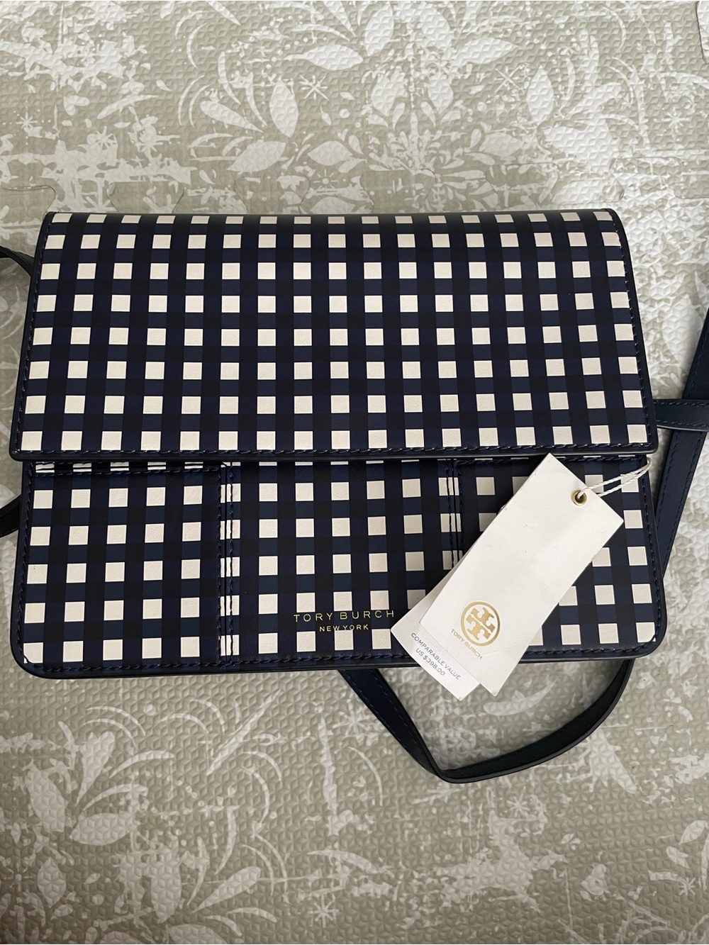 NWT Tory Burch Gingham Crossbody with Gold Logo